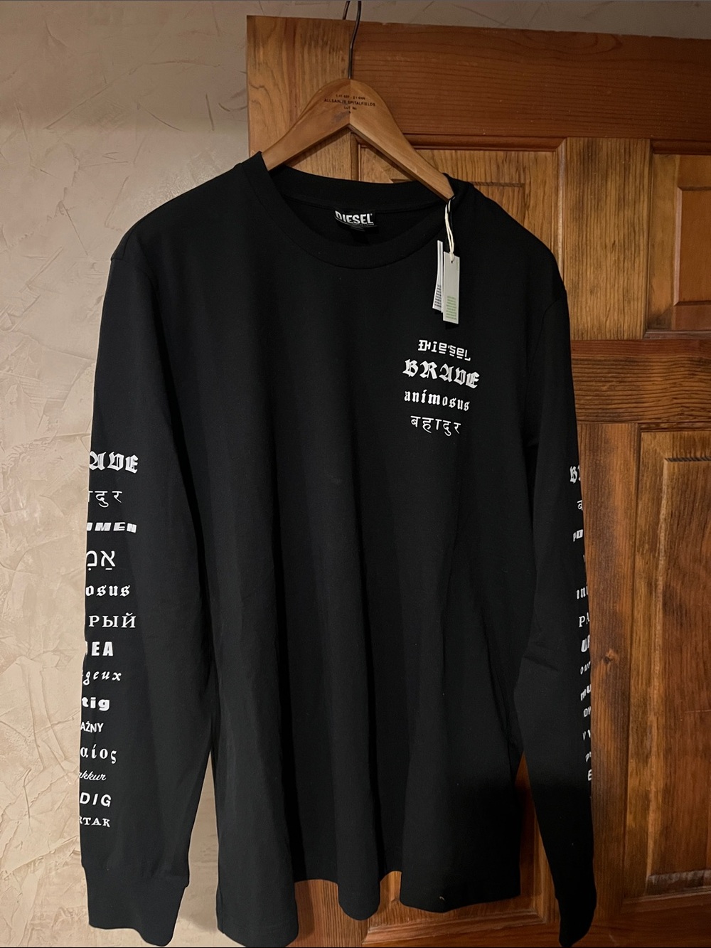 Diesel Black Long Sleeve Graphic Tee with White Sleeve Print